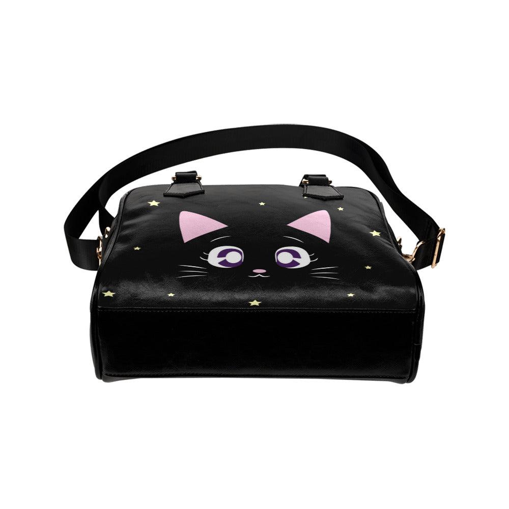 Black cat Vegan leather bowler handbag Shoulder Handbag with strap - sense forest