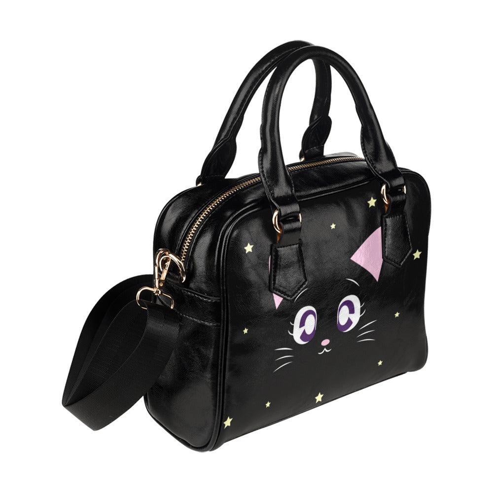 Black cat Vegan leather bowler handbag Shoulder Handbag with strap - sense forest
