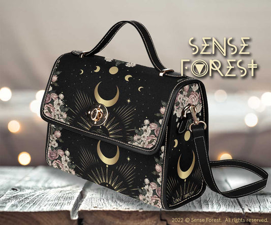 BLACK MOON ROSE WITCHY CANVAS SATCHEL BAG - sense forest