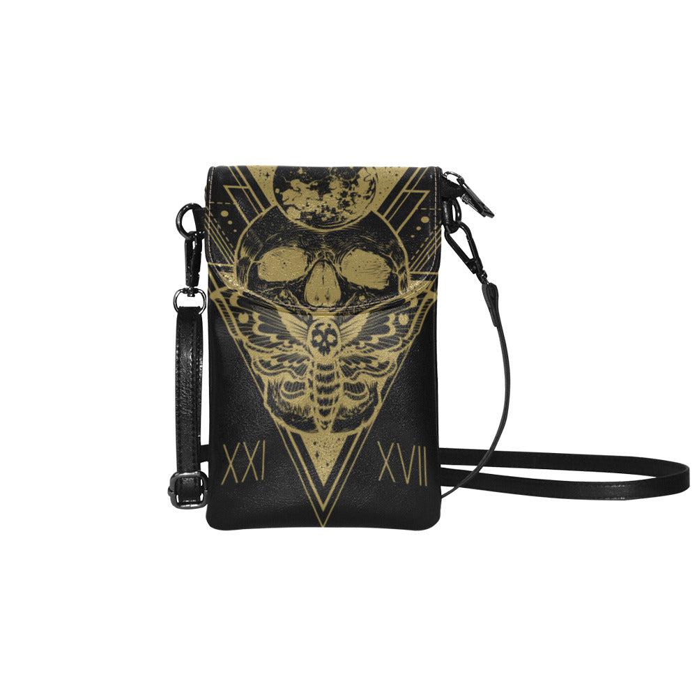Black skull moth Vegan leather phone purse PU mini witchy sling bag - sense forest