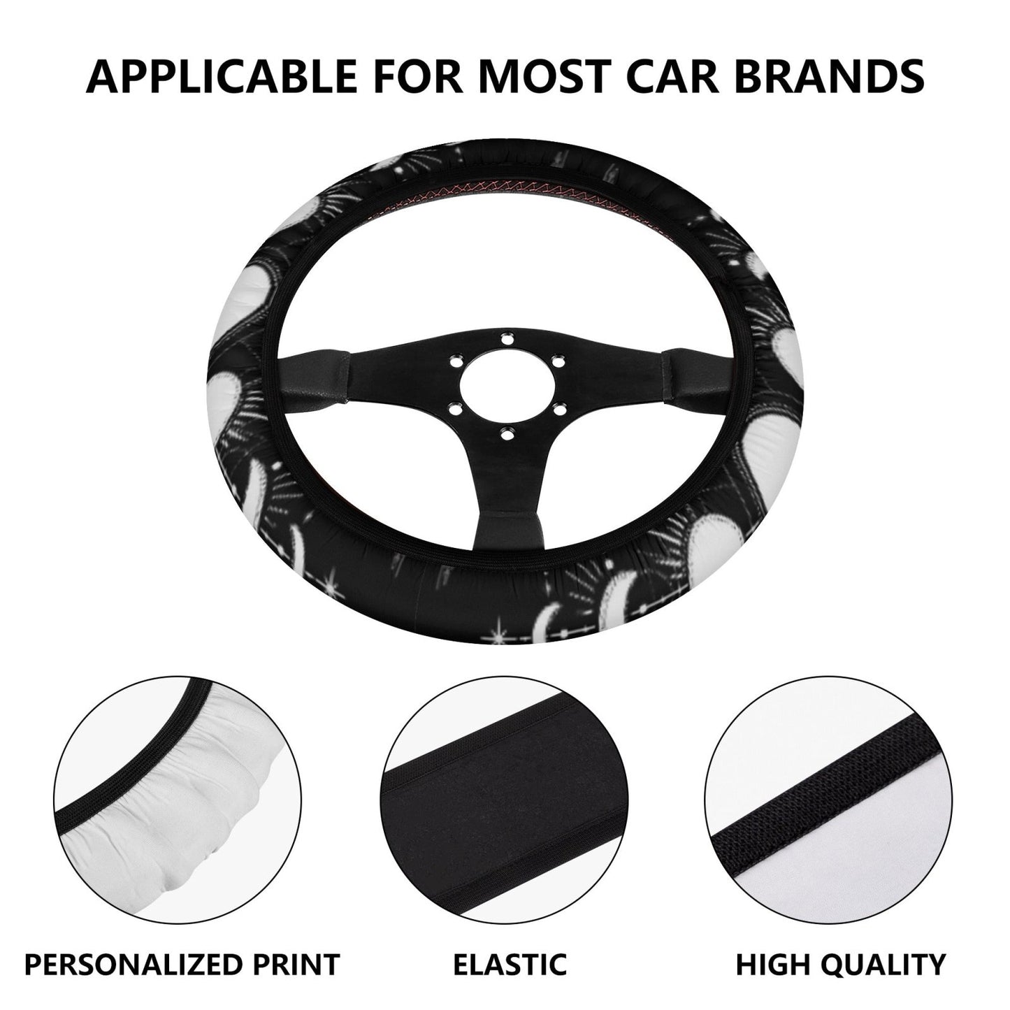 Black White Moon Phase Car Steering Wheel Cover - sense forest