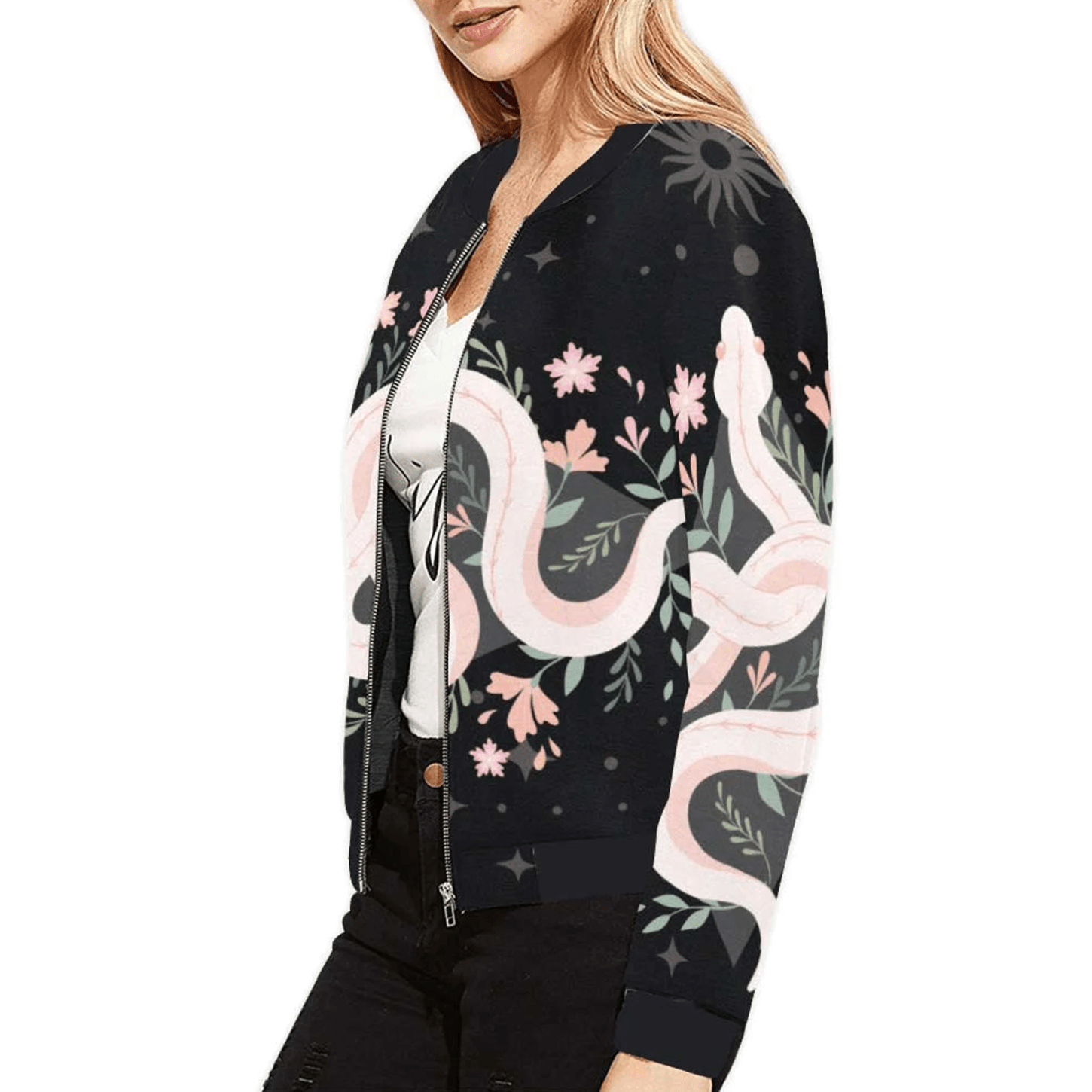 Boho Floral Snake Bomber jacket - sense forest