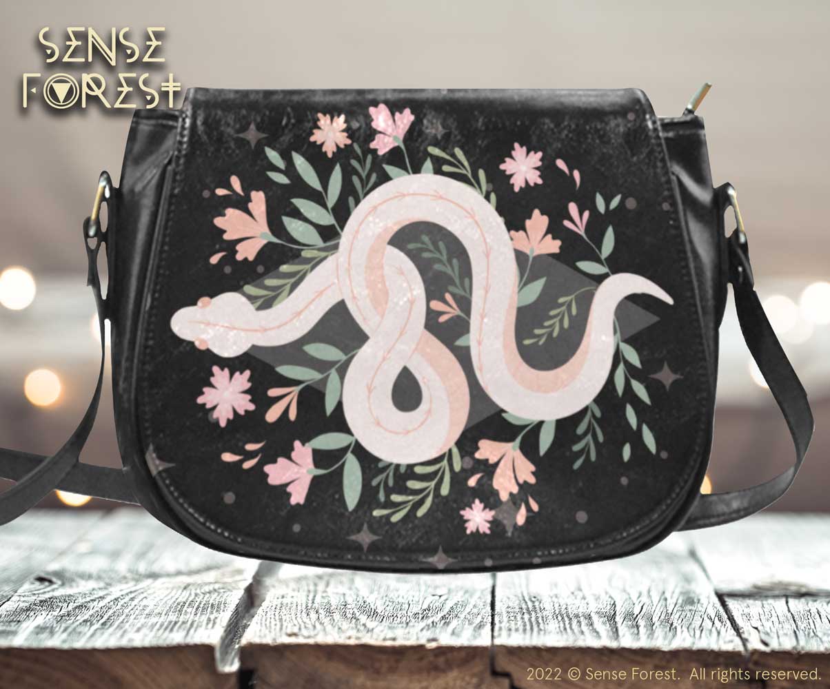 Boho floral snake Vegan leather Classic Saddle Bag - sense forest