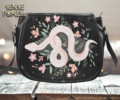 Boho floral snake Vegan leather Classic Saddle Bag - sense forest
