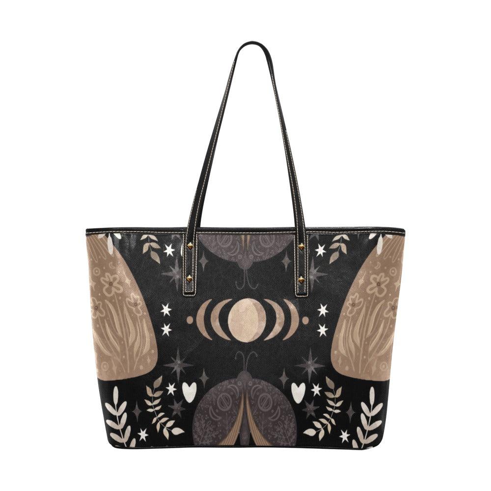 Boho Moon phase moth Forest Vegan Leather Zip top Tote Bag - sense forest
