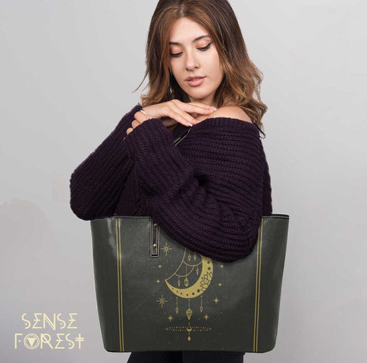 Boho Moon phase Vegan leather zip tote Bag - sense forest