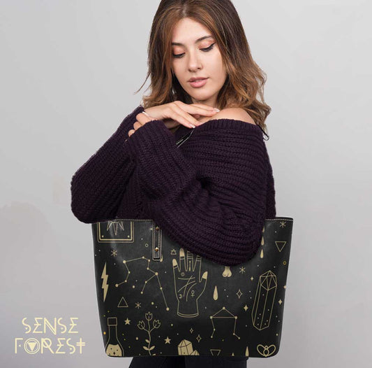 Boho Mystical elements witch Vegan leather zip top tote - sense forest