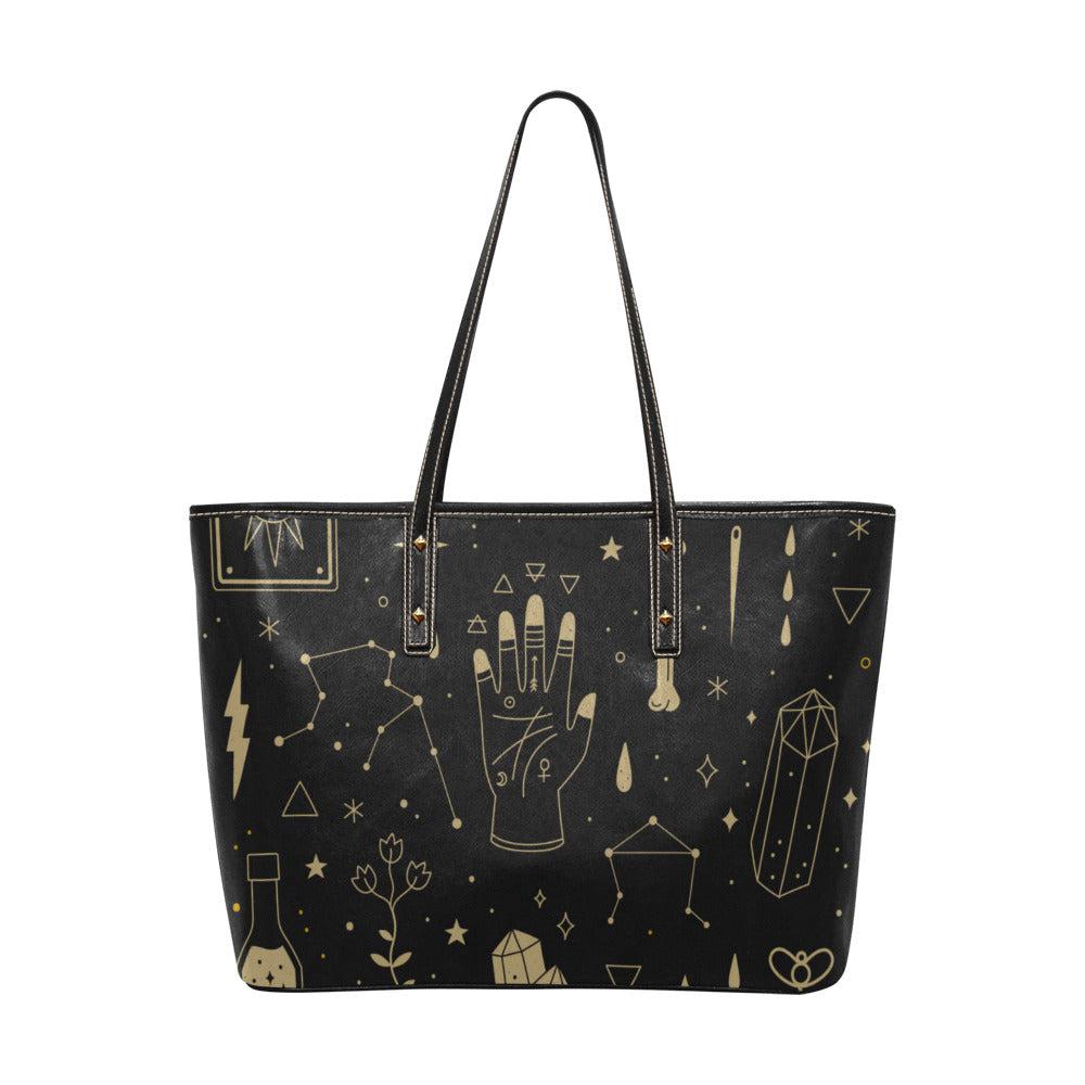 Boho Mystical elements witch Vegan leather zip top tote - sense forest
