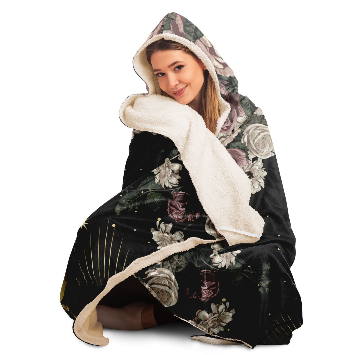 Boho Pale Rose Moon Phase Witchy Hooded Blanket - sense forest