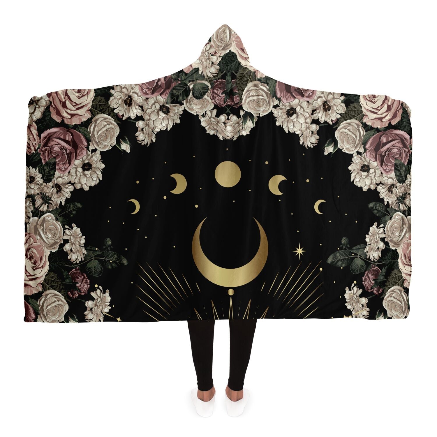 Boho Pale Rose Moon Phase Witchy Hooded Blanket - sense forest