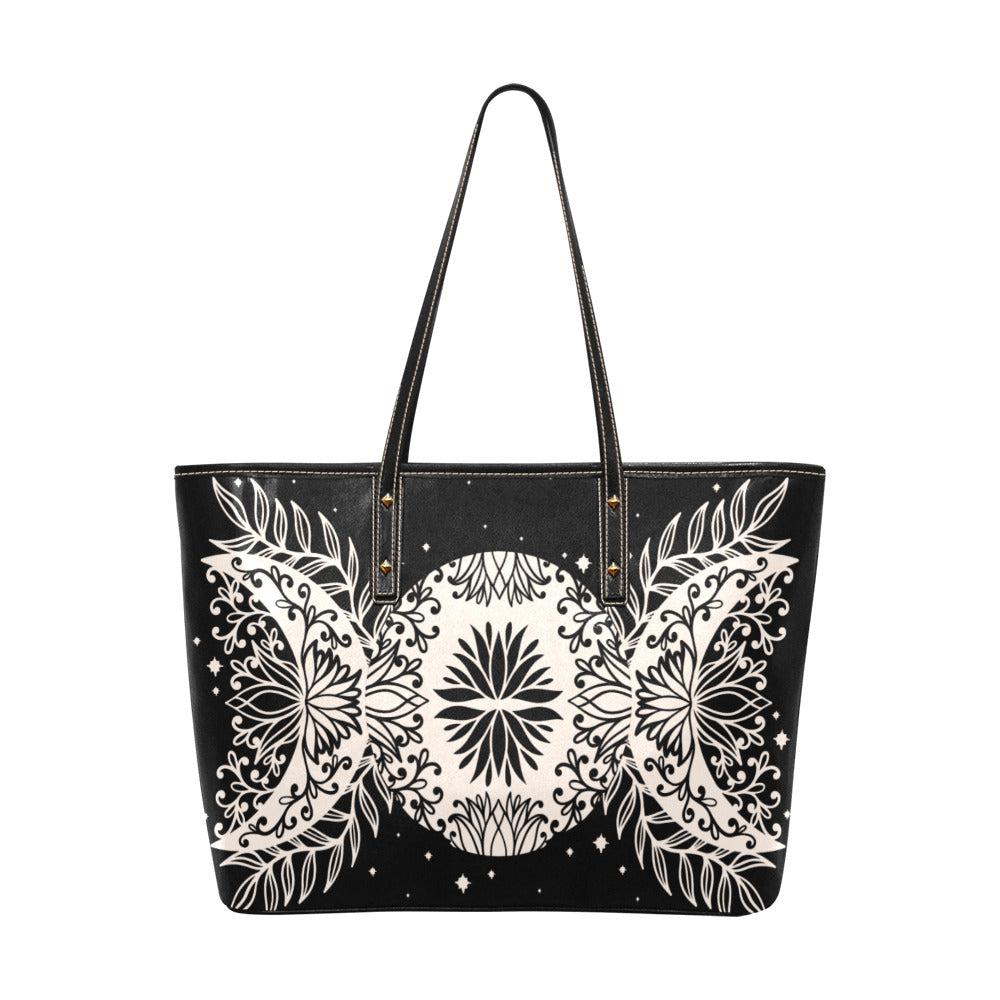 Boho Triple moon floral Vegan Leather zip Tote Bag - sense forest