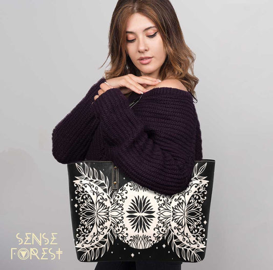 Boho Triple moon floral Vegan Leather zip Tote Bag - sense forest