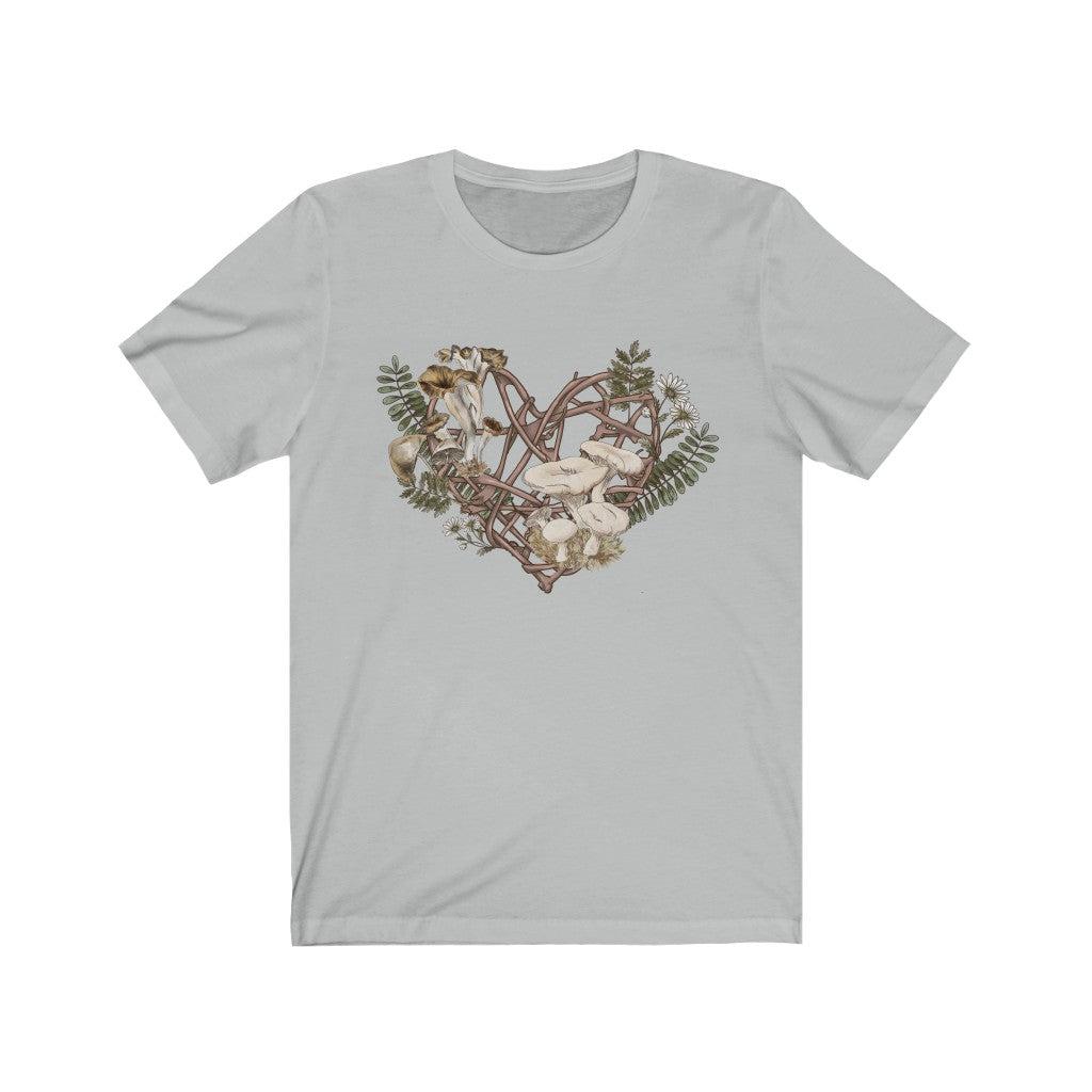 Cottagecore mushroom Forest Valentine Wreath Unisex Jersey Short Sleeve Tee, Cute Boho shirt, Sense Forest Wicca witchy Nature Tee