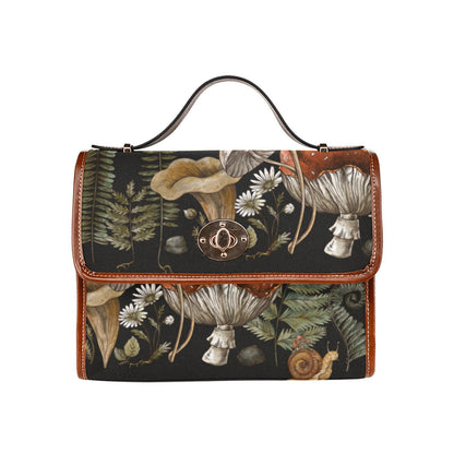 a boxy mushroom fern forest canvas satchel bag for mushroom forager, most popular satchel bag by sense forest