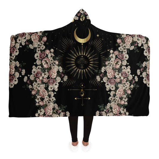 Cottagecore Pale Rose Moon Phase hooded blanket with sherpa lining