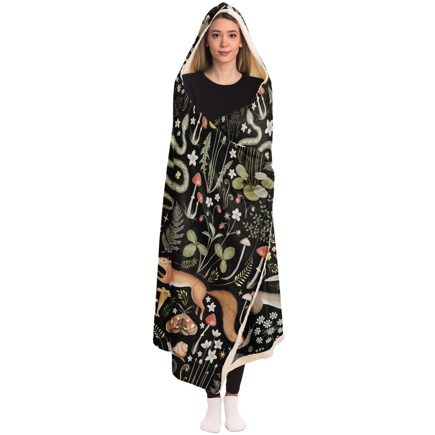 Dark Cottagecore Forest Animal Hooded Blanket, Green witch mushroom Fern festival shamanic cloak blanket, camping cozy sherpa blanket