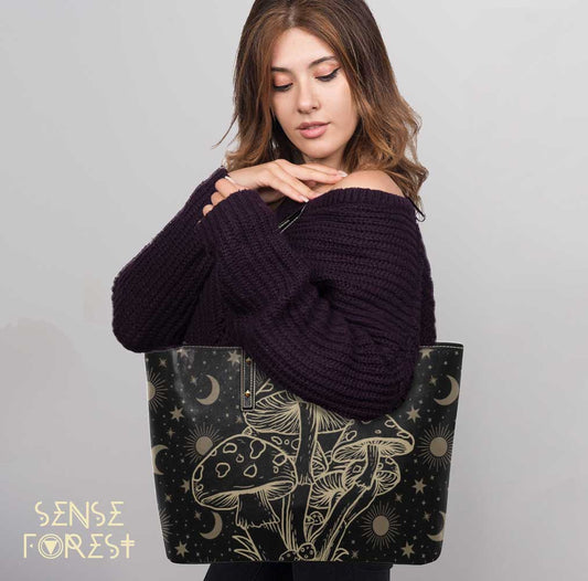 Celestial mushroom Vegan Leather zip top Tote Bag | Sense Forest - sense forest