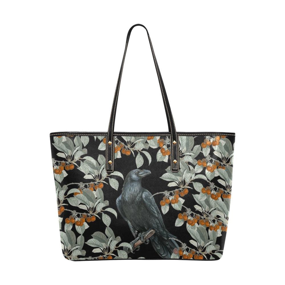 Witch Forest Crow cherry bush Vegan Leather Zip Top Tote Bag
