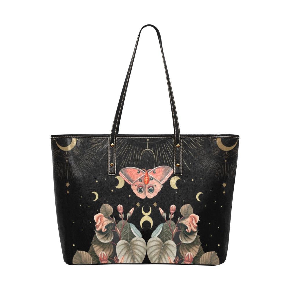 Coral moth moon phase Vegan Leather Zip top Tote Bag - sense forest