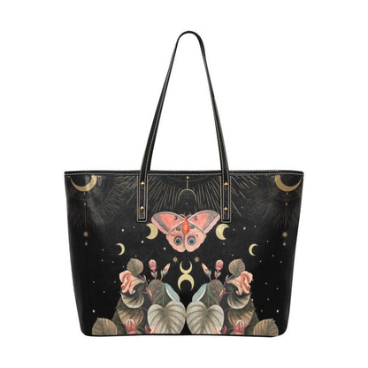 Coral moth moon phase Vegan Leather Zip top Tote Bag - sense forest