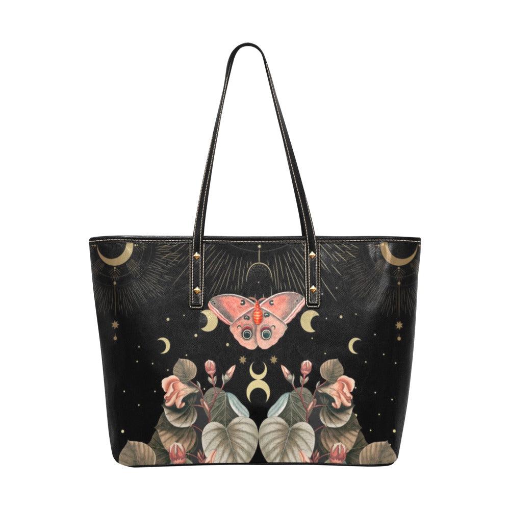 Coral moth moon phase Vegan Leather Zip top Tote Bag - sense forest