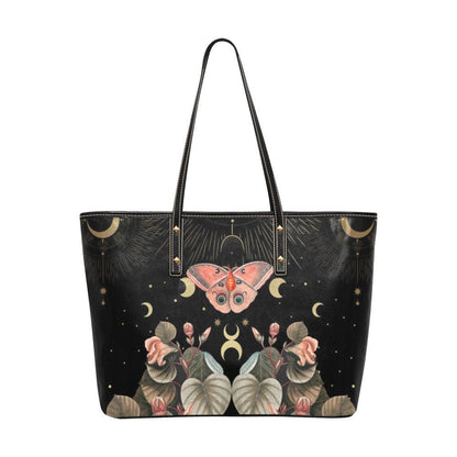 Coral moth moon phase Vegan Leather Zip top Tote Bag - sense forest