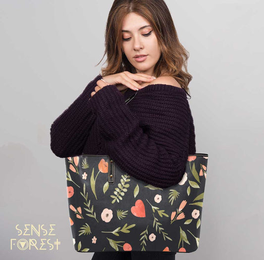 Cottagecore dried flower Ritual Vegan Leather Zip top Tote Bag - sense forest