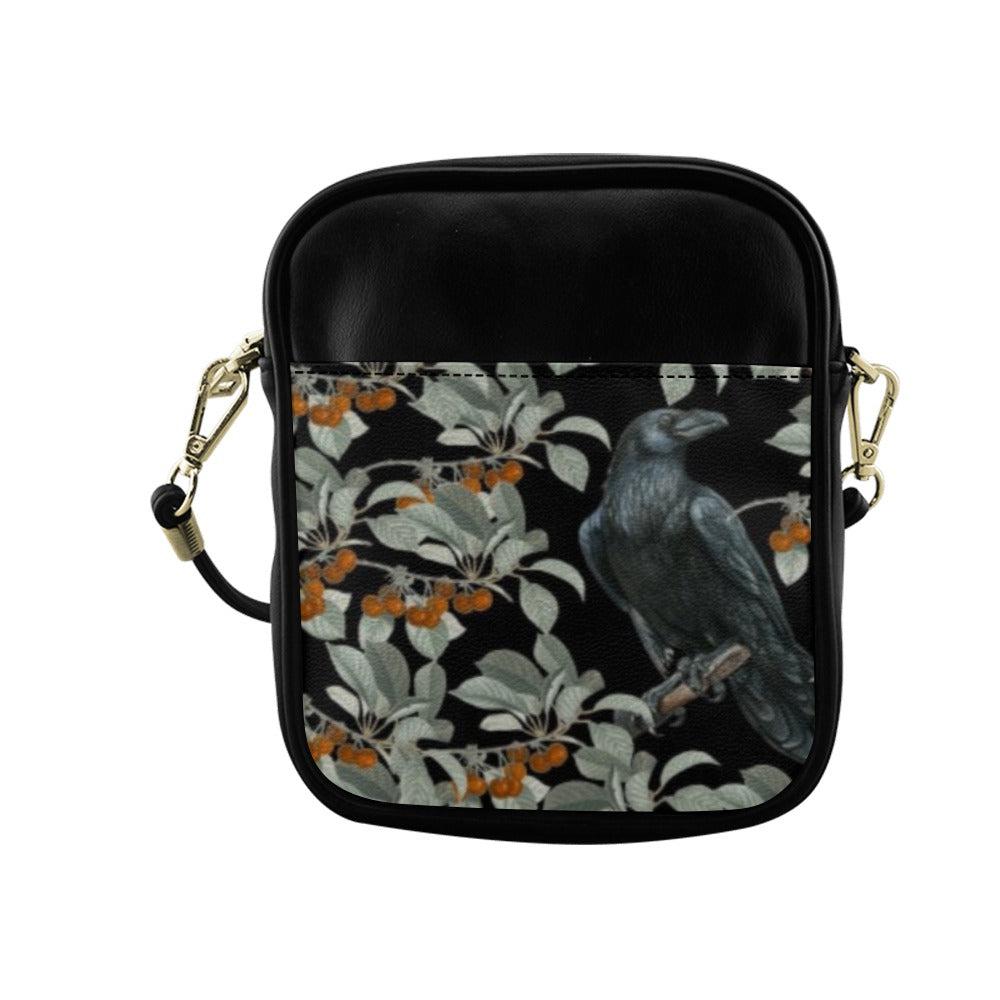 Crow in berry bush Vegan leather mini sling bag - sense forest