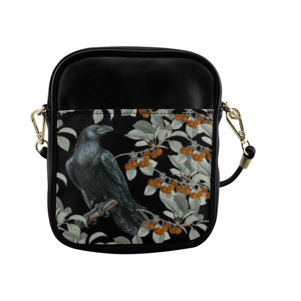 Crow in berry bush Vegan leather mini sling bag - sense forest