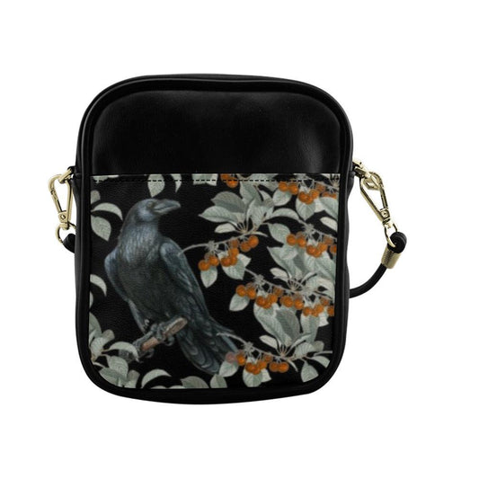 Crow in berry bush Vegan leather mini sling bag - sense forest
