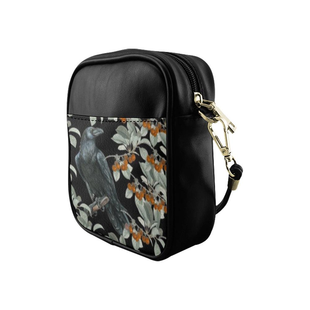 Crow in berry bush Vegan leather mini sling bag - sense forest