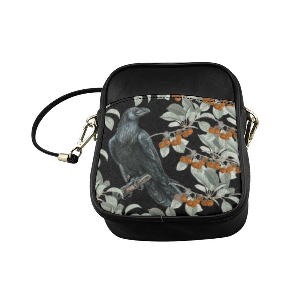 Crow in berry bush Vegan leather mini sling bag - sense forest