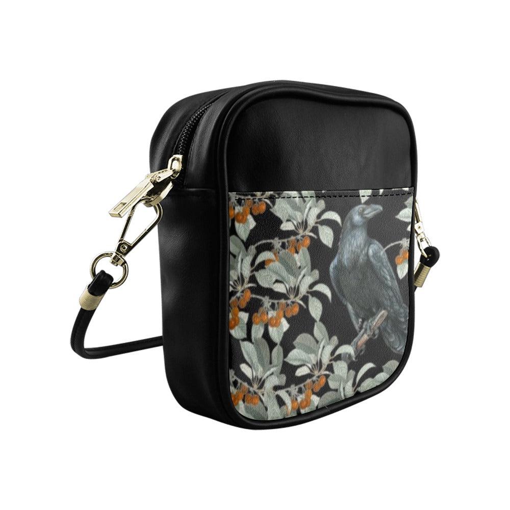 Crow in berry bush Vegan leather mini sling bag - sense forest
