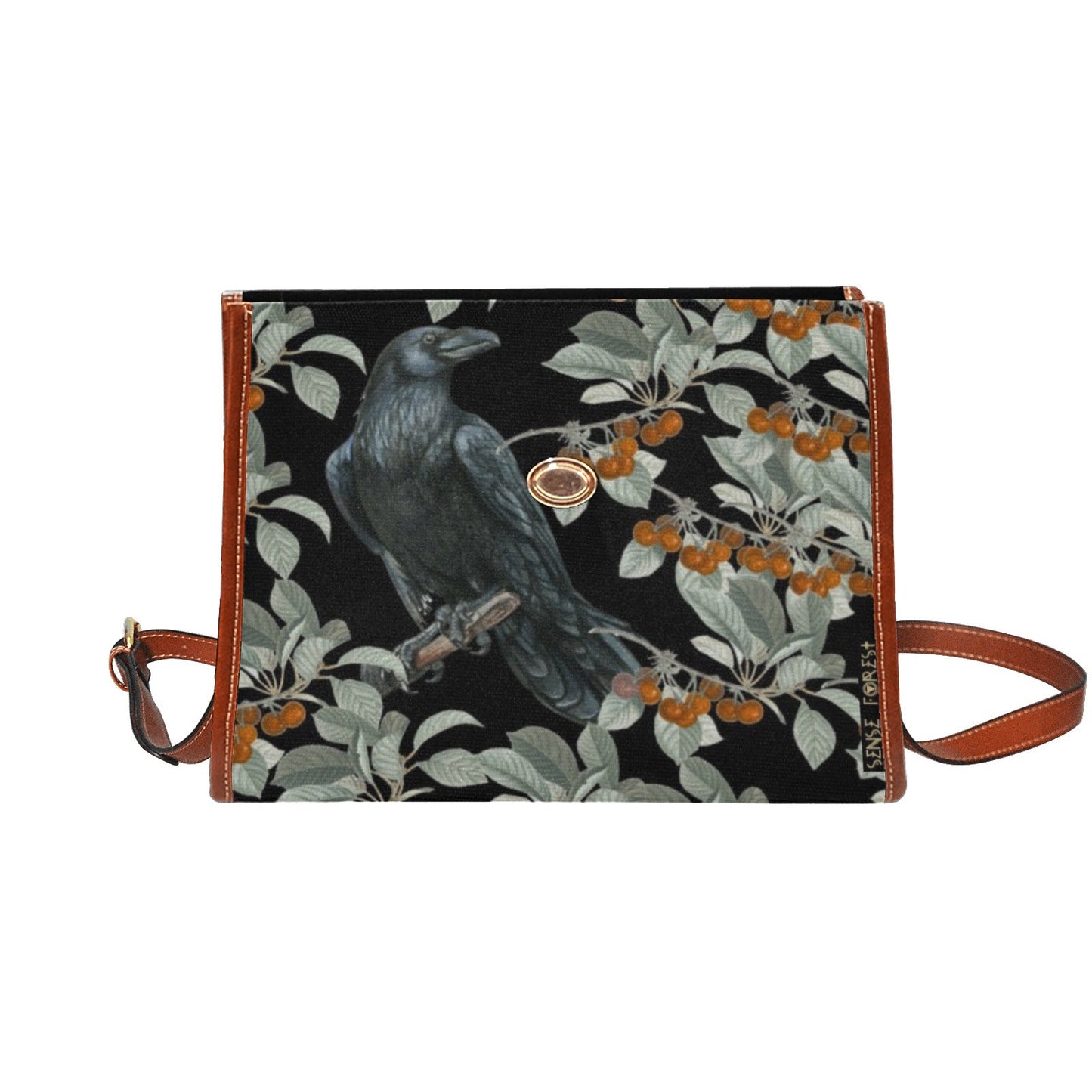Crow in the berry bush Witchy Waterproof Canvas satchel Bag - sense forest