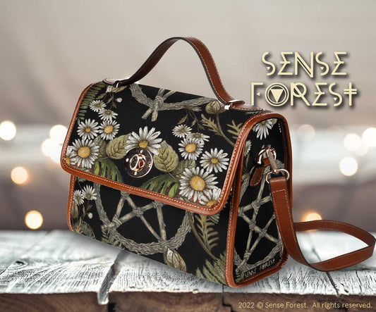 Daisy Forest Pentagram Witchy canvas satchel bag - sense forest