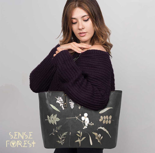 Dried Flower frame Vegan PU Leather Tote Bag - sense forest