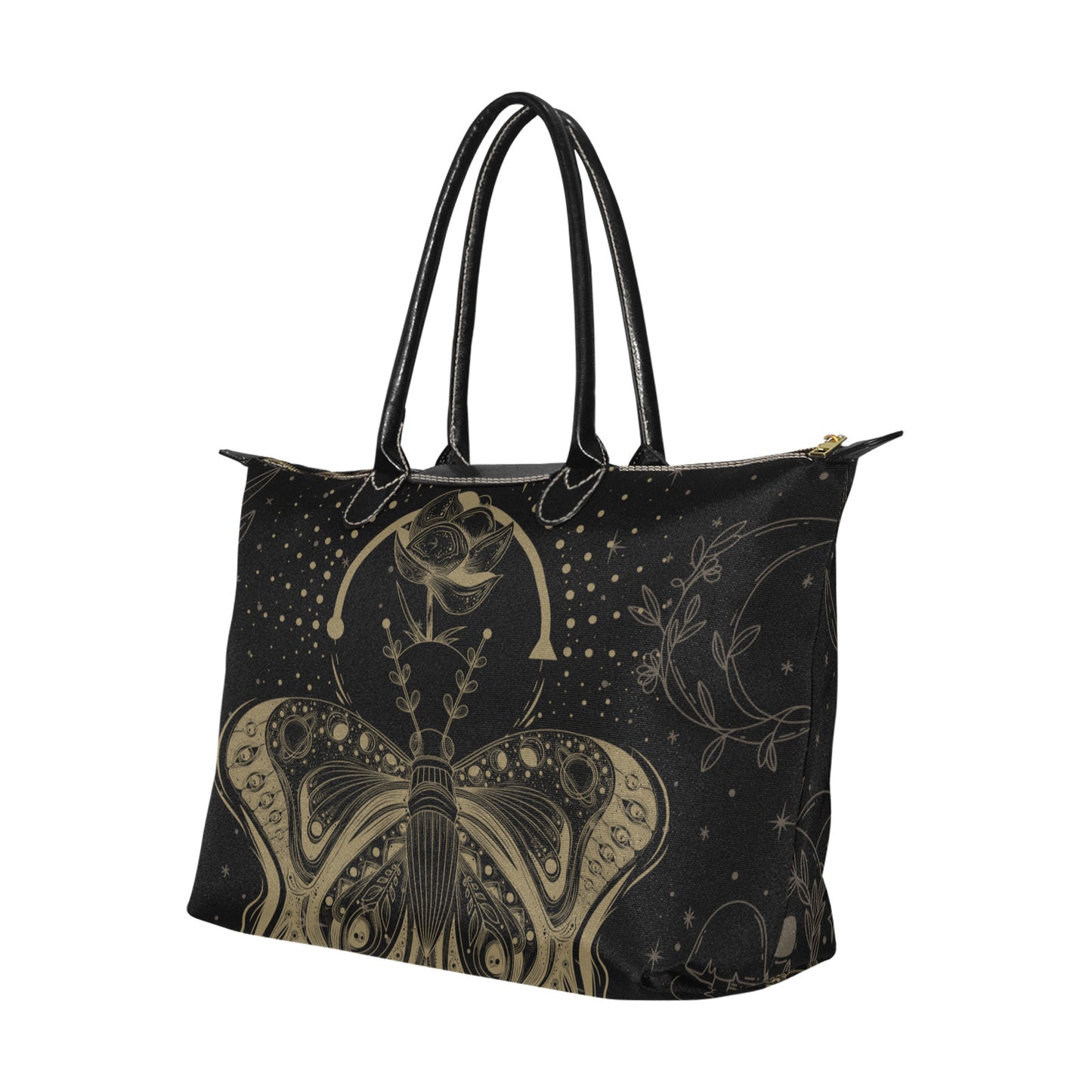 Mystical moon lotus moth fabric zip tote bag