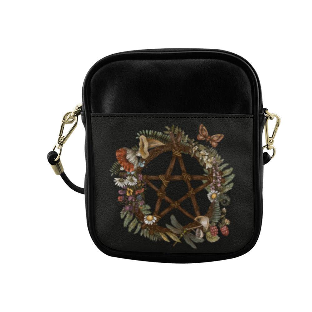 Green witch forest wreath occult pentagram cottagecore mini sling bag