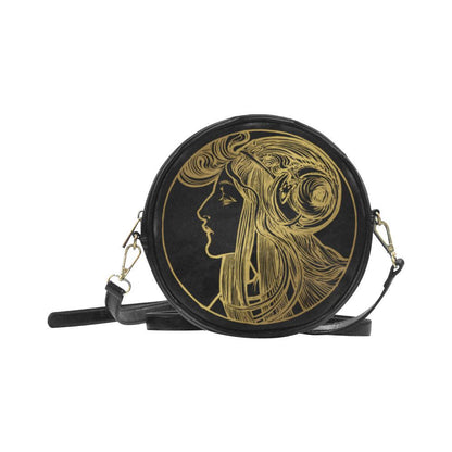 Alphonse Mucha art Boho Black Vegan leather 8 inches Round Sling handbag