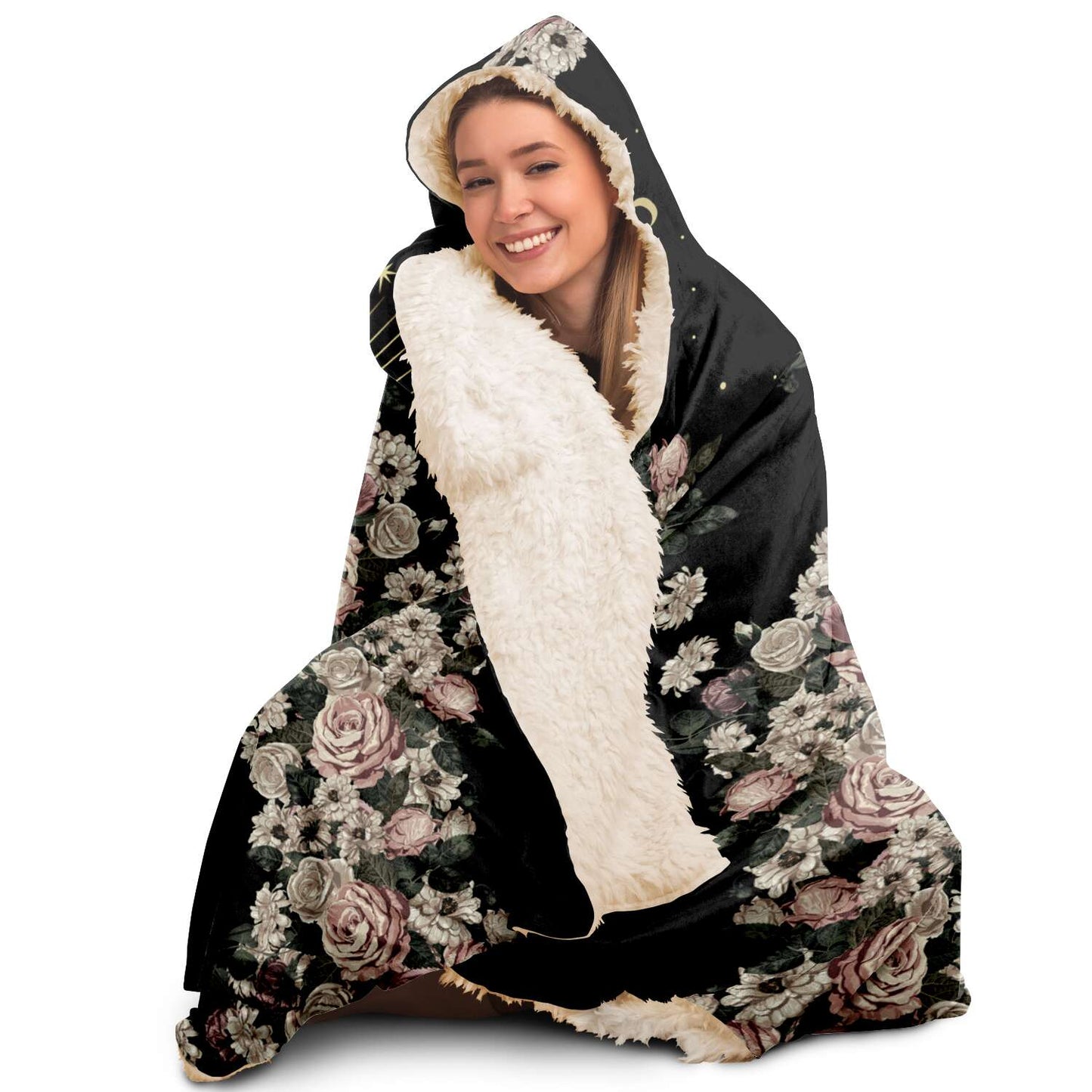 Cottagecore Pale Rose Moon Phase hooded blanket with sherpa lining