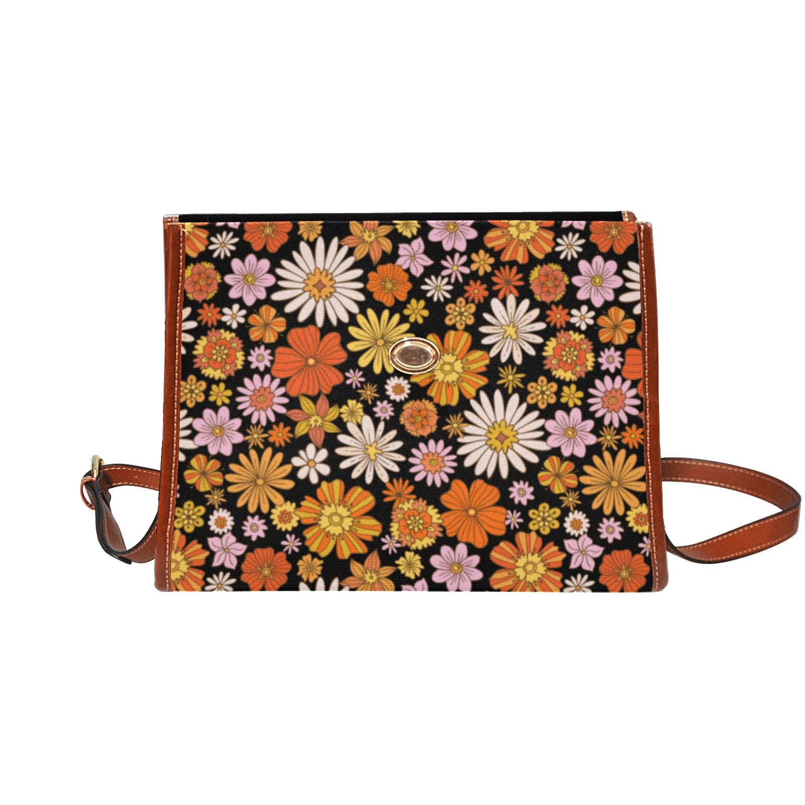 Cottagecore retro 70s orange color Daisy print canvas satchel bag