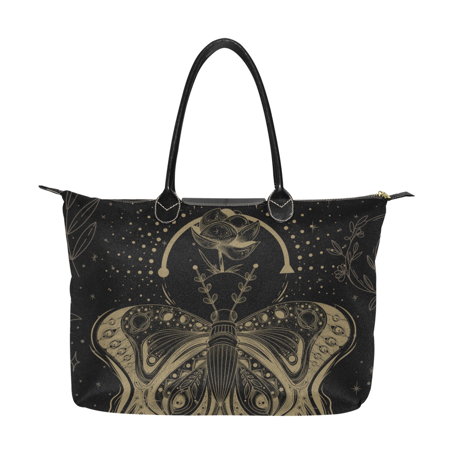 Mystical moon lotus moth fabric zip tote bag