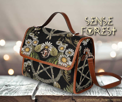 a boxy Daisy Forest Pentagram Witchy canvas satchel bag cottagecore purse by sense forest