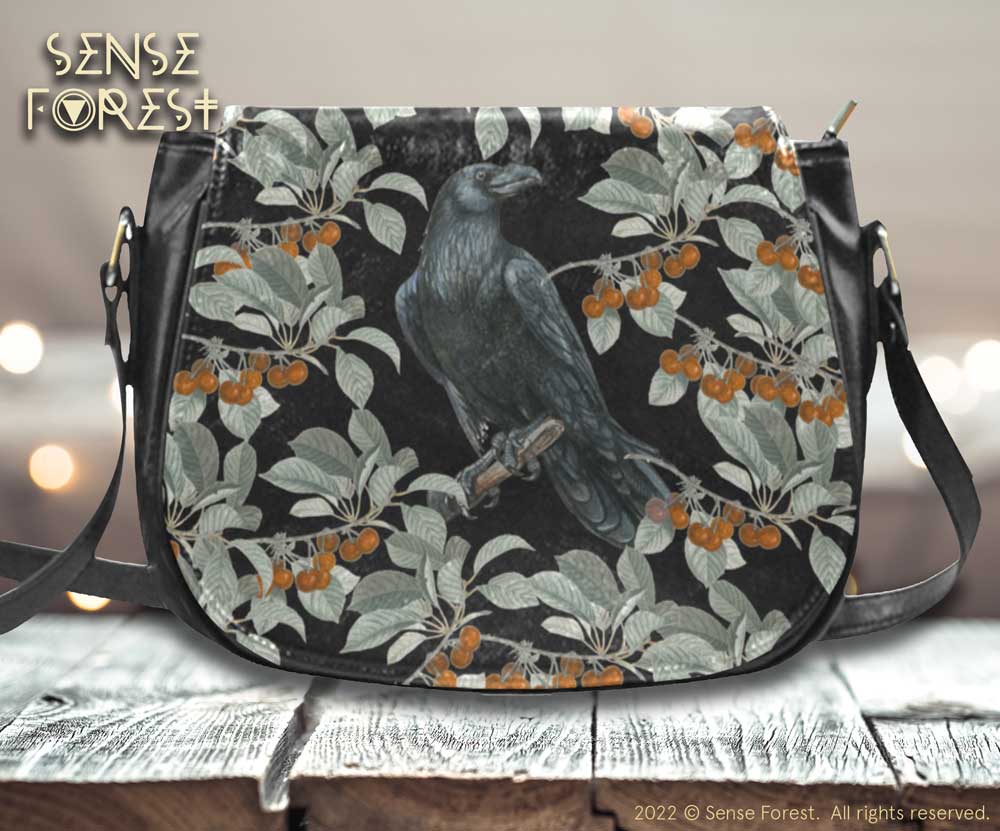 Crow in the berry bush Vegan Leather crossbody saddle bag