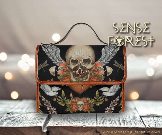 Skull and birds Gothic canvas satchel bag