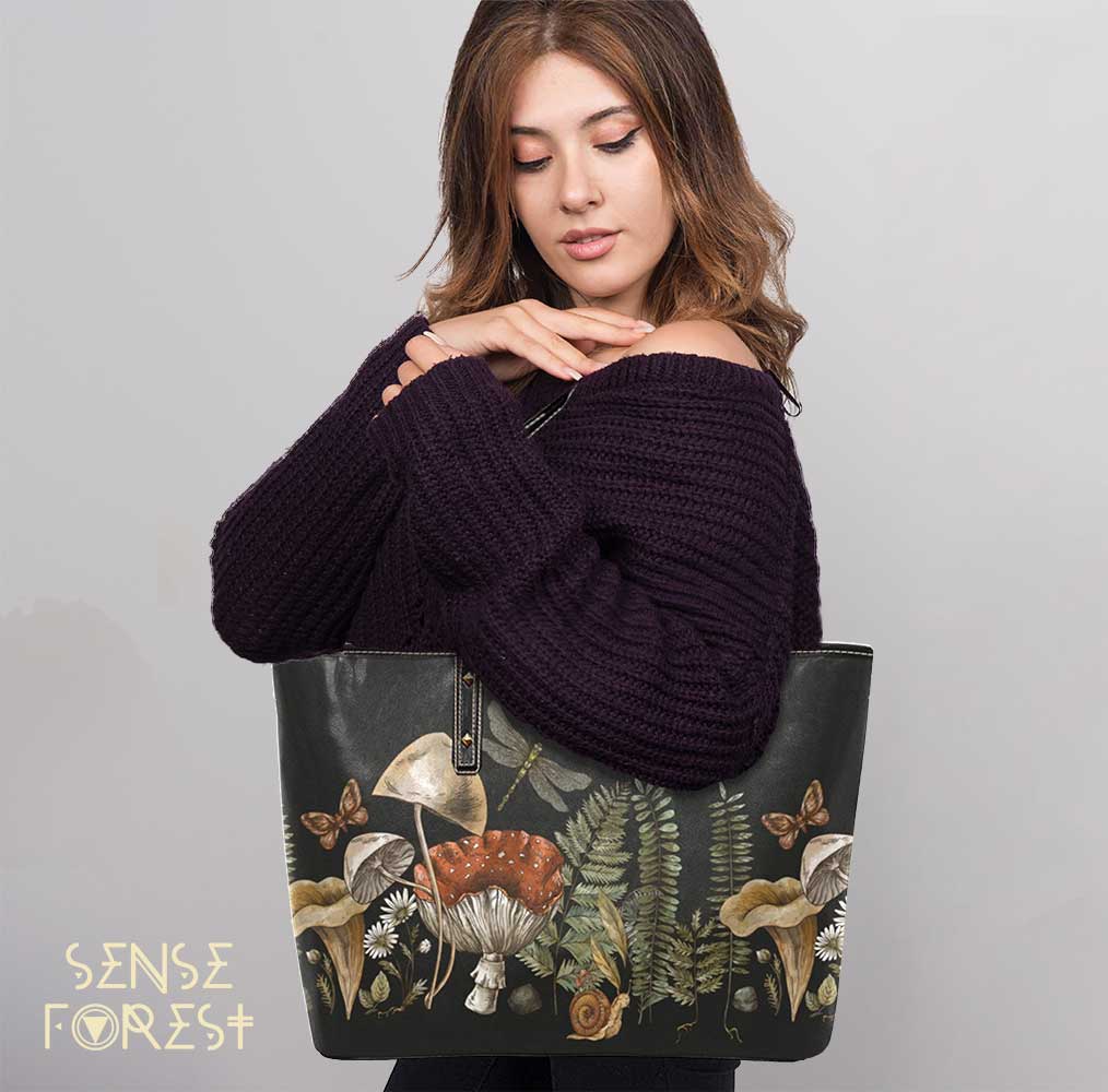 Forest Witch Magic mushroom Fern Vegan Leather Zip Tote Bag - sense forest