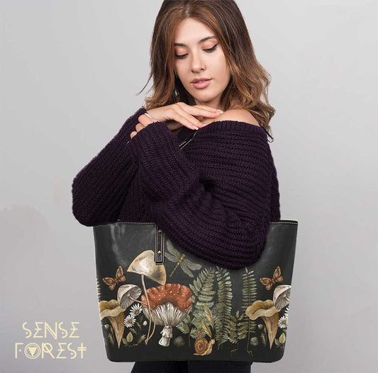 Forest Witch Magic mushroom Fern Vegan Leather Zip Tote Bag - sense forest