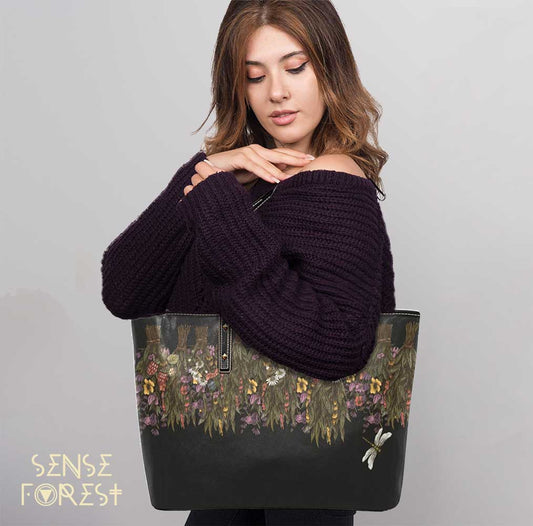 Green witch Dried flower Vegan Leather Zip Top Tote Bag - sense forest