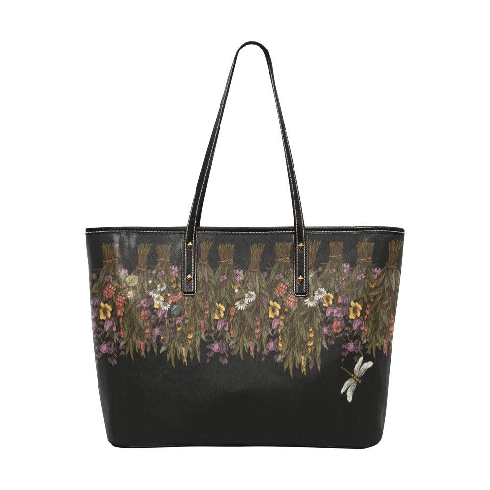 Green witch Dried flower Vegan Leather Zip Top Tote Bag - sense forest