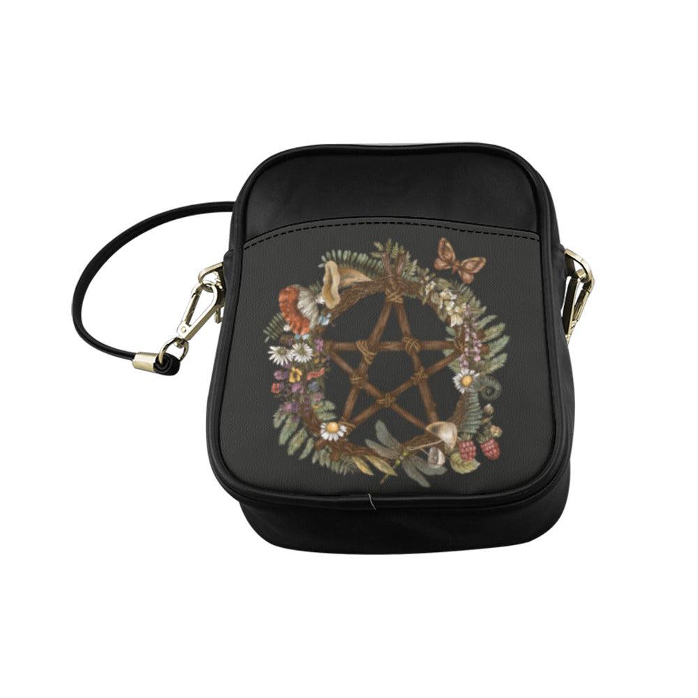 Green witch forest wreath occult pentagram cottagecore mini sling bag - sense forest
